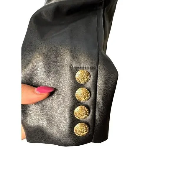 7 For All Mankind Faux Leather Black Blazer Women's Medium Gold Buttons - Picture 5 of 8